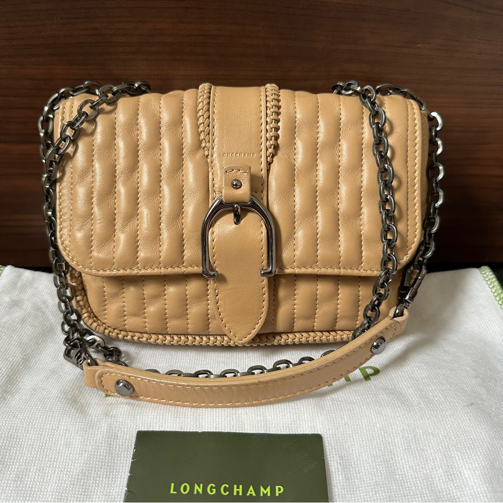 Longchamp Amazone Mini Chain Bag Quilted Lambskin Leather Beige Made In France